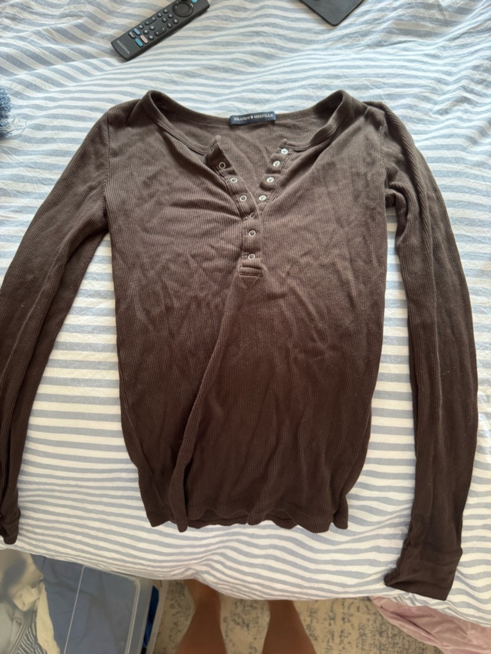 Brandy Melville Brown Ribbed Henley Long Sleeve Top